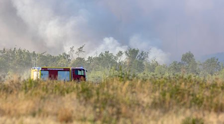 Örtliche Einsatzkräfte arbeiten gemeinsam mit dem Katastrophenschutz an der Bekämpfung der Flammen. / Foto: Daniel Wagner/dpa
