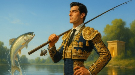 Ein Matador mit Angel steht an einem See, während ein großer Fisch aus dem Wasser springt; im Hintergrund ein antiker Tempel – Symbolbild für Spielspaß und Sommerstimmung.