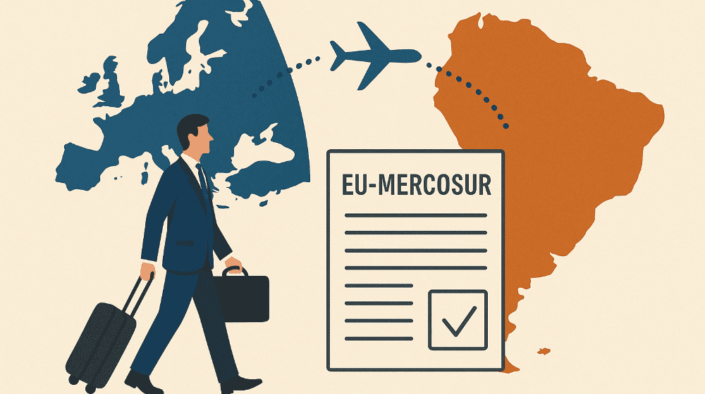 Das EU-Mercosur-Abkommen bringt Bewegung in die Reisetätigkeit: Zwischen Europa und Südamerika entstehen neue Geschäftsbeziehungen, Handelsrouten und Chancen für Unternehmen und Reisende gleichermaßen. Bildquelle: Chat GPT