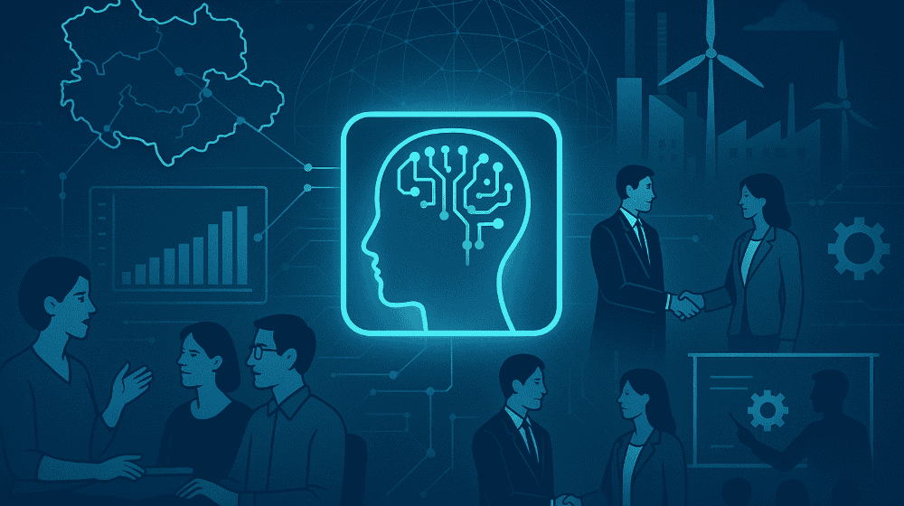 Illustration zum KI-HUB Sachsen-Thüringen: Zusammenarbeit von Wirtschaft, Wissenschaft und Gesellschaft in Mitteldeutschland. Quelle: KI-HUB / Adobe Stock / AI-Illustration
