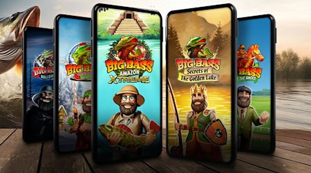 Illustration mit springendem Fisch und mehreren Smartphones, die neue Online Slots im Casino DIE SPIELBANK darstellen