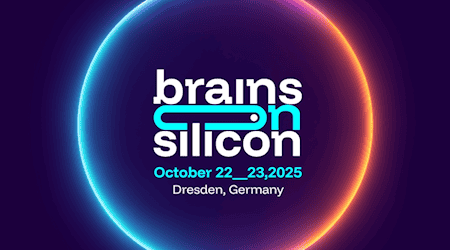 Leuchtender Kreis mit Farbverlauf von Blau zu Orange auf dunklem Hintergrund, darin der Text 'brains on silicon October 22__23, 2025 Dresden, Germany' in Weiß und Hellblau.