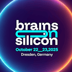 Leuchtender Kreis mit Farbverlauf von Blau zu Orange auf dunklem Hintergrund, darin der Text 'brains on silicon October 22__23, 2025 Dresden, Germany' in Weiß und Hellblau.