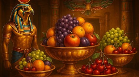 Ägyptische Szenerie mit goldenen Fruchtschalen – Symbol für die Vielfalt und den Glanz der Spiele bei DIE SPIELBANK im September 2025.