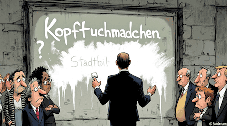 Illustration über den Wandel politischer Sprache in Deutschland: Ein Politiker spricht, doch seine Worte verwandeln sich symbolisch in Begriffe wie „Stadtbild“ und „Ordnung“, die ältere, offen rassistische Begriffe überdecken.