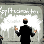 Illustration über den Wandel politischer Sprache in Deutschland: Ein Politiker spricht, doch seine Worte verwandeln sich symbolisch in Begriffe wie „Stadtbild“ und „Ordnung“, die ältere, offen rassistische Begriffe überdecken.