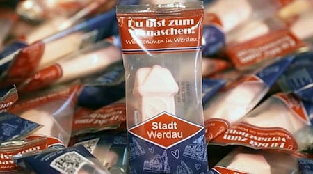 A foam sugar souvenir from Werdau makes people laugh: not everyone sees the town's historic clock in the pink piece / Photo: Mike Müller/dpa