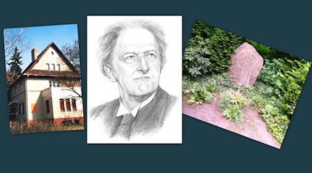 Das Wohnhaus von Bürgel in Potsdam-Babelsberg, Porträt Bürgels von Gudrun Stark und Bürgels Grab auf dem Babelsberger Goethefriedhof. Fotos/Collage: Matthias Stark