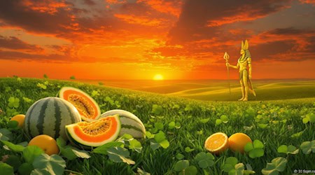 Sonnenuntergang über grüner Landschaft mit goldener Statue und Früchten im Vordergrund, symbolisch für klassische und moderne Slot-Themen.