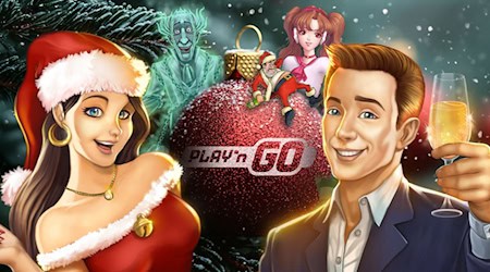 Illustration mit fröhlicher Feiertagsszene: eine Frau im Weihnachtsoutfit, ein elegant gekleideter Mann mit Sektglas und verspielten Winterfiguren