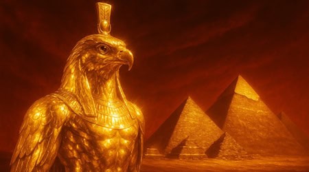 Goldene Statue eines falkenköpfigen Wesens vor mehreren Pyramiden in einer rötlich beleuchteten Wüstenlandschaft - Symbol für die Neueinsteiger