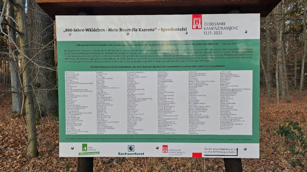 Neues Schild am Weg vom Festgelände im Spittelforst zur Chr.-Weißmantel-Straße mit den Namen der über 250 Spenderinnen und Spender. Foto: Stadtverwaltung Kamenz 
