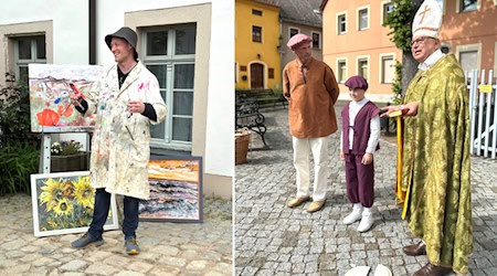 Sven Zschiedrich (linkes Foto) begrüßt die Gäste als Carl Lohse im Innenhof des Bischofssitzes. Gottfried Brückner (rechtes Foto, r.) führt als Bischof durch die Stadt. Hier begegnet er den Töpfern auf dem Neumarkt, dem früheren „Toppmarkt“. Auch junge Schiebocker beteiligen sich an den „Lebendigen Stadtführungen“, hier Adam Büchler (rechts Foto, m.) als Töpferjunge.  Fotos: Stadt Bischofswerda