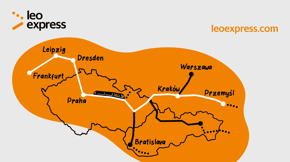 Die neue Verbindung beginnt im grenznahen polnischen Przemyśl und führt über Krakau, Ostrava, Prag, Dresden, Leipzig und Erfurt bis nach Frankfurt und zum Flughafen Frankfurt. Credit: Leo Express