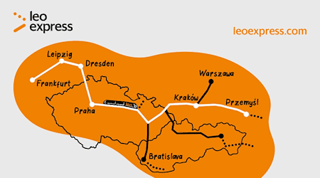 Die neue Verbindung beginnt im grenznahen polnischen Przemyśl und führt über Krakau, Ostrava, Prag, Dresden, Leipzig und Erfurt bis nach Frankfurt und zum Flughafen Frankfurt. Credit: Leo Express
