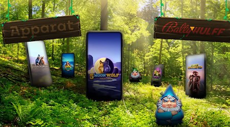 Waldszene mit dargestellten Tier-Slotspielen von Bally Wulff und Apparat Gaming im Stil einer digitalen Spielwelt