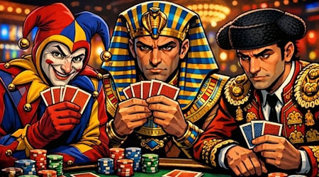Drei Figuren sitzen an einem Pokertisch und halten Spielkarten in der Hand: ein Joker, ein Pharao und ein Torero.