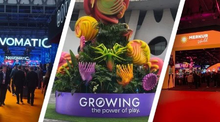 Messebesucherinnen und Messebesucher zwischen Messeständen auf dem Gelände der ICE Barcelona 2026, in der Mitte eine großformatige Pflanzeninstallation.