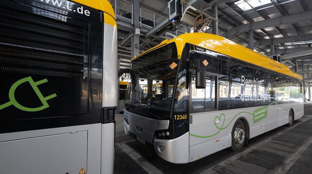 Electric buses charging in the bus depot of Leipzig's public transport company. Saxony's transport companies are increasingly relying on electric buses, especially in the cities, but not only there. (Archive image) / Photo: Hendrik Schmidt/dpa