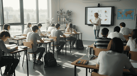 Gruppennachhilfe im Klassenraum: Lehrkraft unterstützt mehrere Schülerinnen und Schüler beim gemeinsamen Lernen