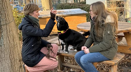Studentin Josephine Beier (r.)  mit Rettungshund Pina und ASB-Mitarbeiterin Pegg Scharf. Foto: Sabine Mutschke