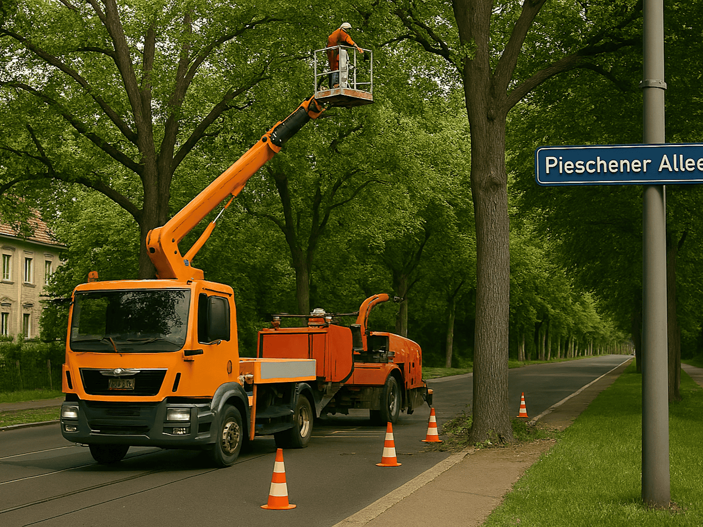 Ab dem kommenden Montag werden entlang der Pieschener Allee und am Messering Baumpflegearbeiten durchgeführt. Symbolbild: KI/copilot/microsoft