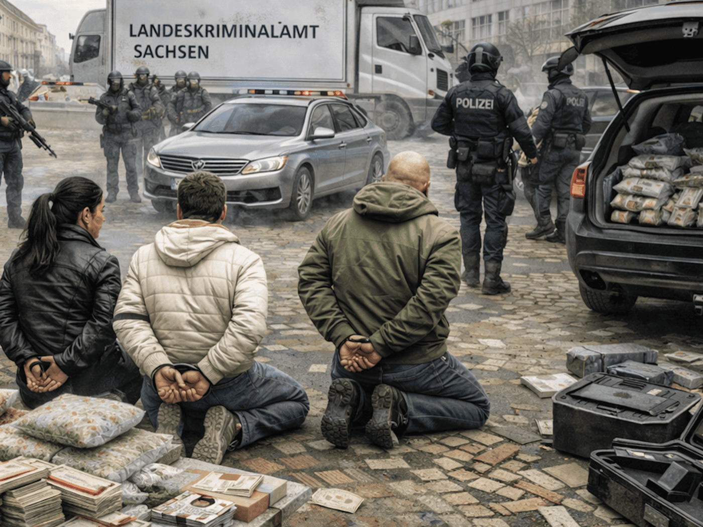 Ganz so martialisch wie auf diese KI-Bild lief die Razzia in Dresden nicht ab. Symbolbild: KI/ChatGPT