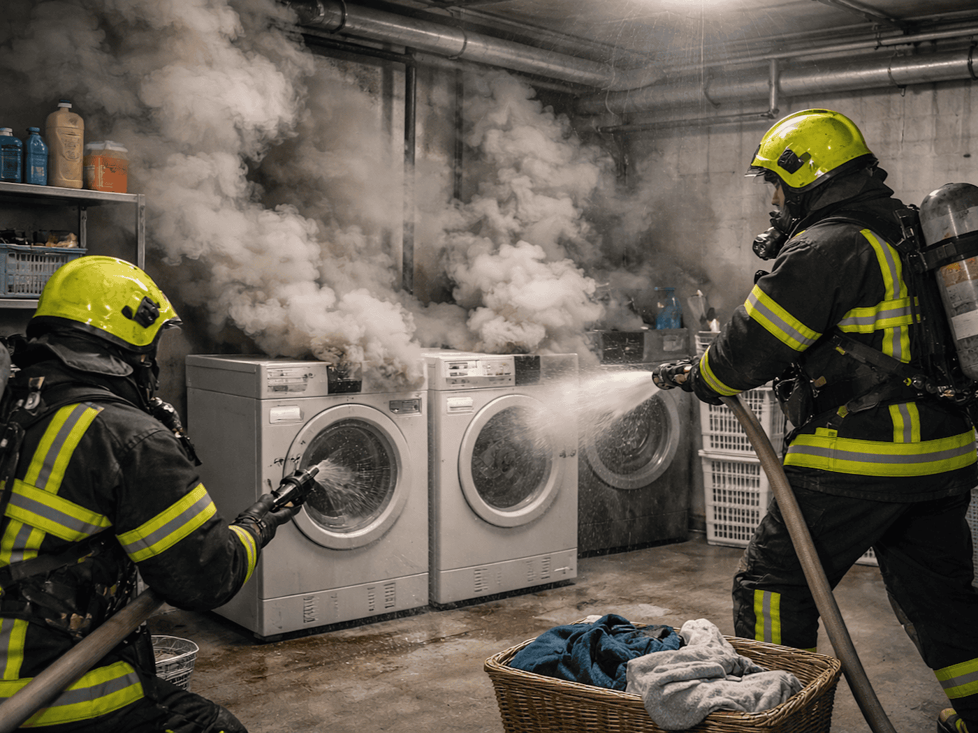Auf der Altenberger Straße hat die Feuerwehr zwei brennende Waschmaschinen gelöscht. Symbolbild: KI/ChatGPT