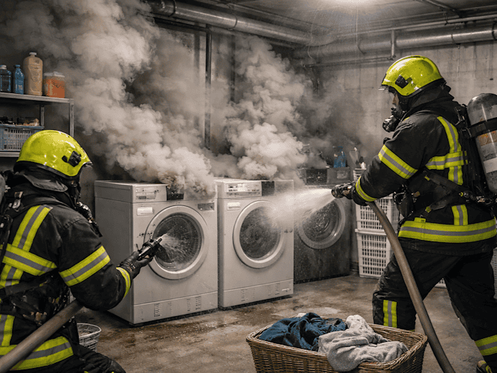 Auf der Altenberger Straße hat die Feuerwehr zwei brennende Waschmaschinen gelöscht. Symbolbild: KI/ChatGPT