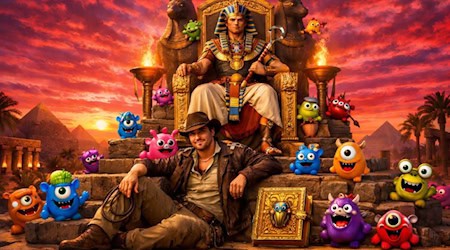 Abenteuerliche Szene mit ägyptischem Thron, Entdecker und bunten Fantasiefiguren vor einer Wüstenlandschaft mit Pyramiden und Sonnenuntergang.