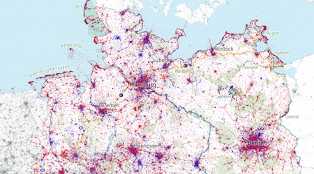 Digital traces in the landscape: red dots show where tourists post. Blue dots mark the destinations of locals. Dunkel et al.