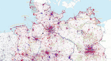 Each dot on the map represents a social media post. Red: tourists, blue: locals.