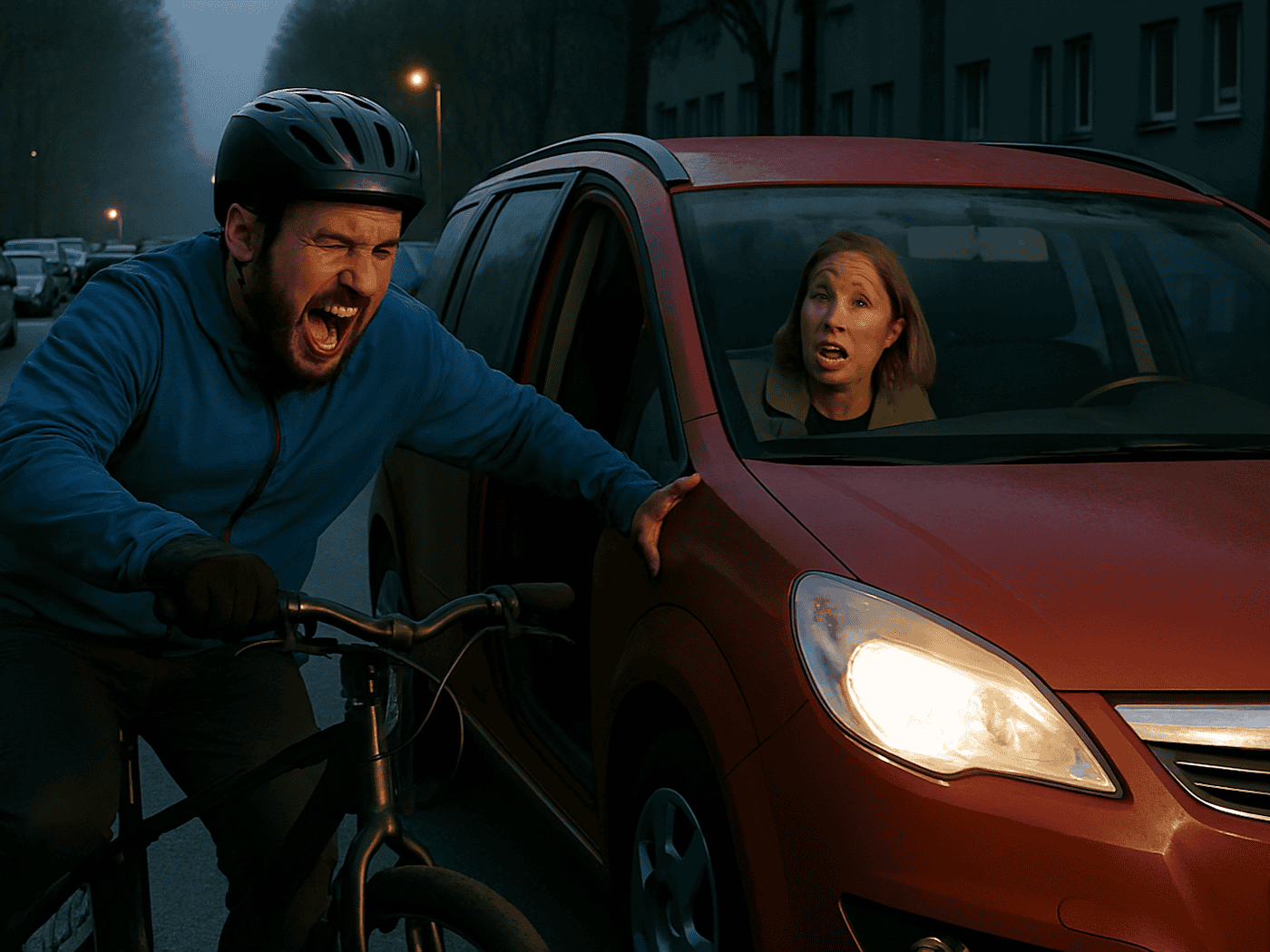 Großer Schreck, zum Glück nur leichte Verletzung: bei einem Dooring-Vorfall in Leuben ist der Fahrradfahrer glimpflich davon gekommen. Symbolbild: KI/copilot/microsoft