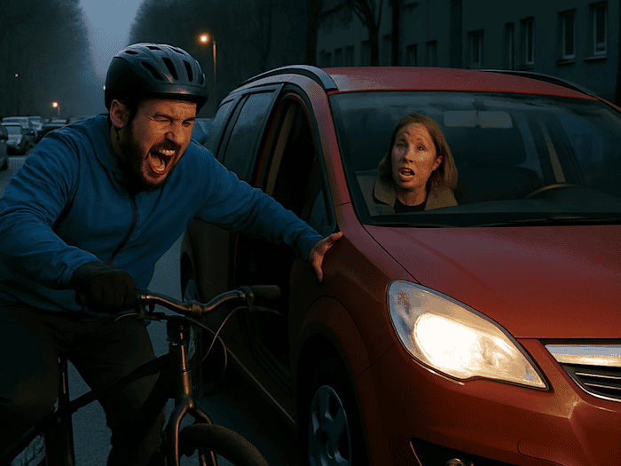 Großer Schreck, zum Glück nur leichte Verletzung: bei einem Dooring-Vorfall in Leuben ist der Fahrradfahrer glimpflich davon gekommen. Symbolbild: KI/copilot/microsoft