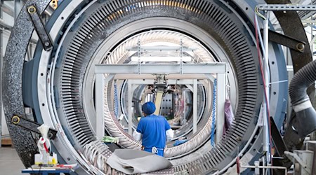 An employee of the Partzsch Group works on a wind power stator for wind turbines. (Archive image) / Photo: Sebastian Kahnert/dpa