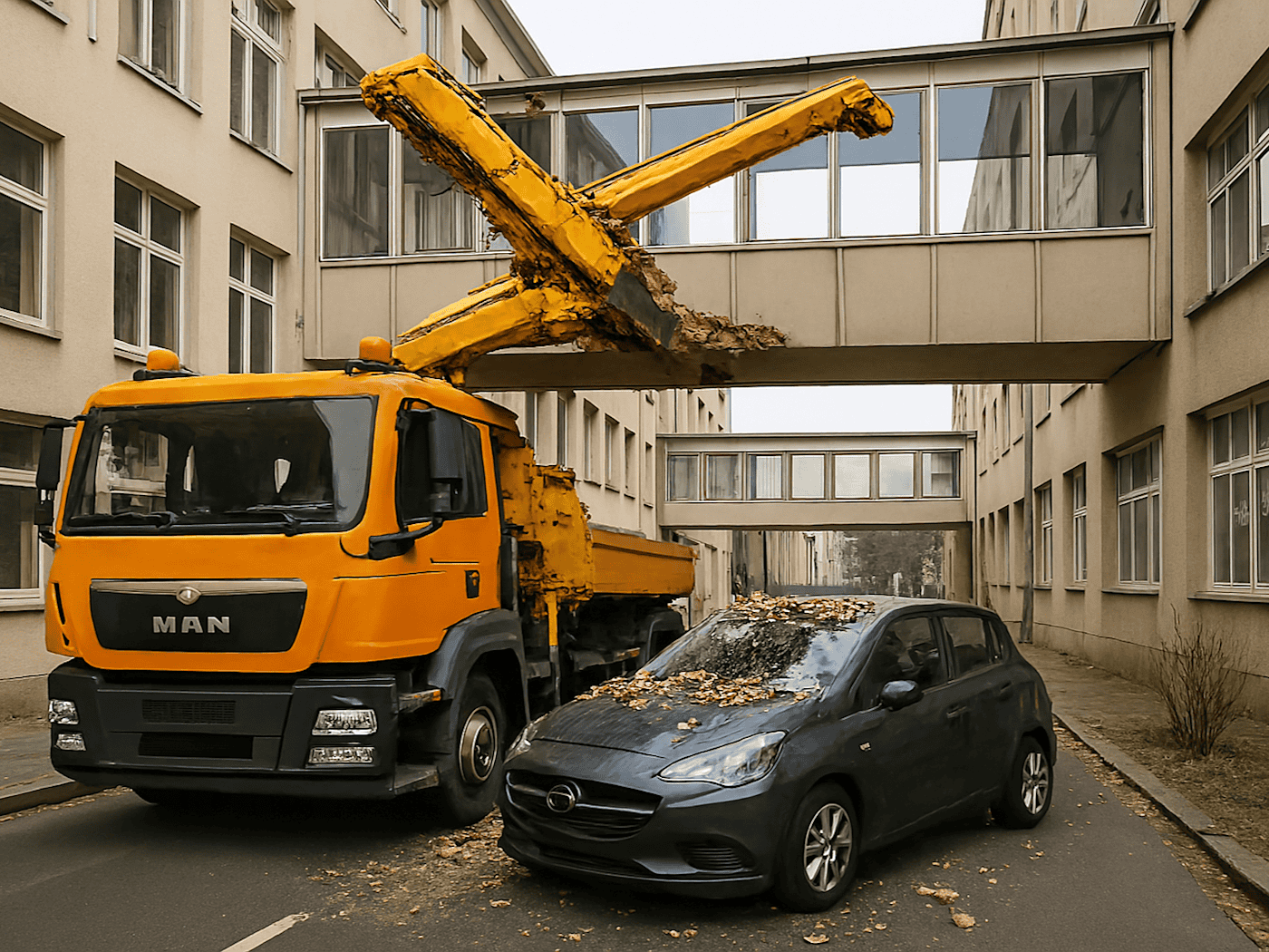 Schäden an Gebäude und Pkw: Ein Unfall auf dem Gelände der Dresdner Uniklinik hat am Freitag immerhin keine Verletzten gefordert. Symbolbild: KI/copilot/microsoft
