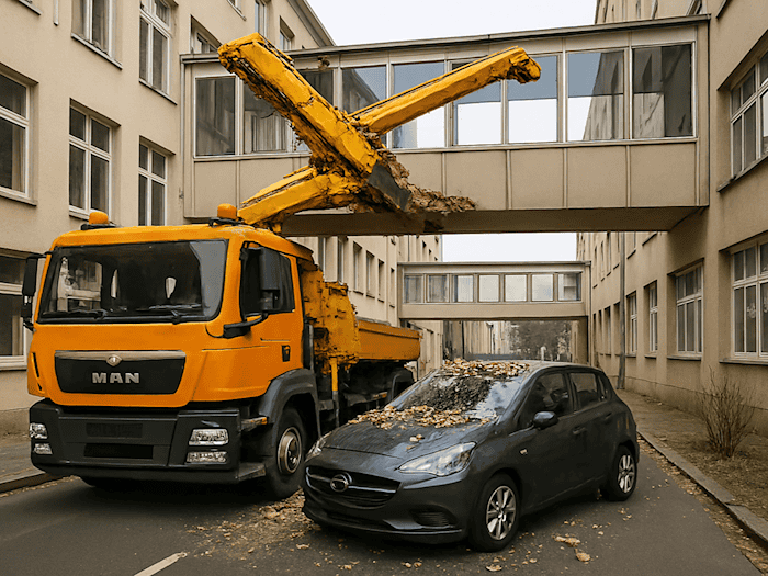Schäden an Gebäude und Pkw: Ein Unfall auf dem Gelände der Dresdner Uniklinik hat am Freitag immerhin keine Verletzten gefordert. Symbolbild: KI/copilot/microsoft