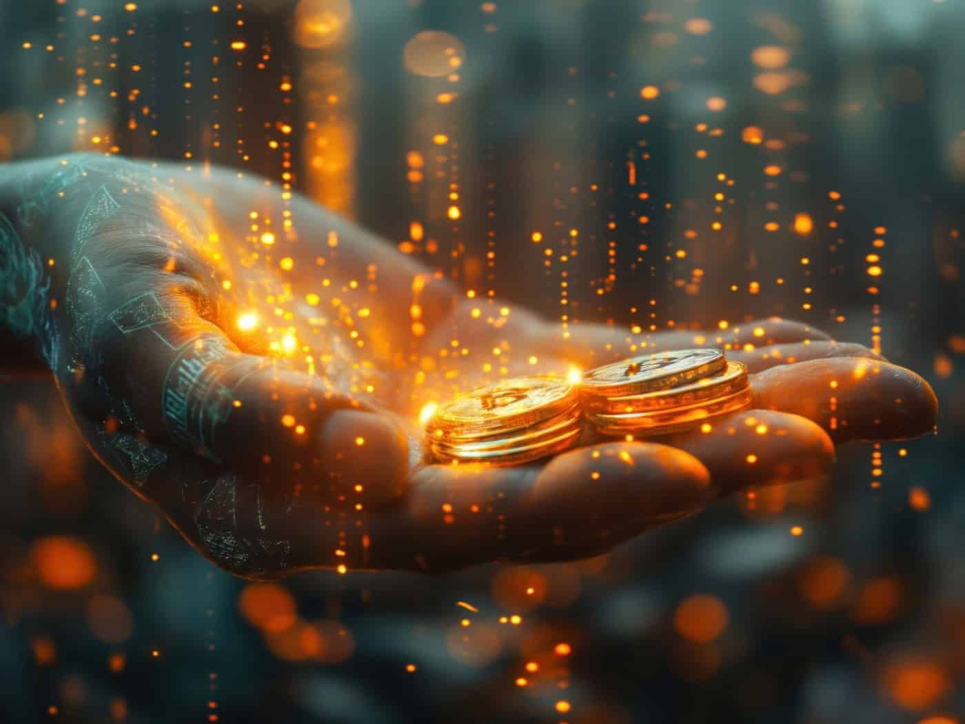 Hand hält glänzende Kryptomünzen mit digitalen Lichteffekten – Symbol für Krypto-Handel und versteckte Kosten