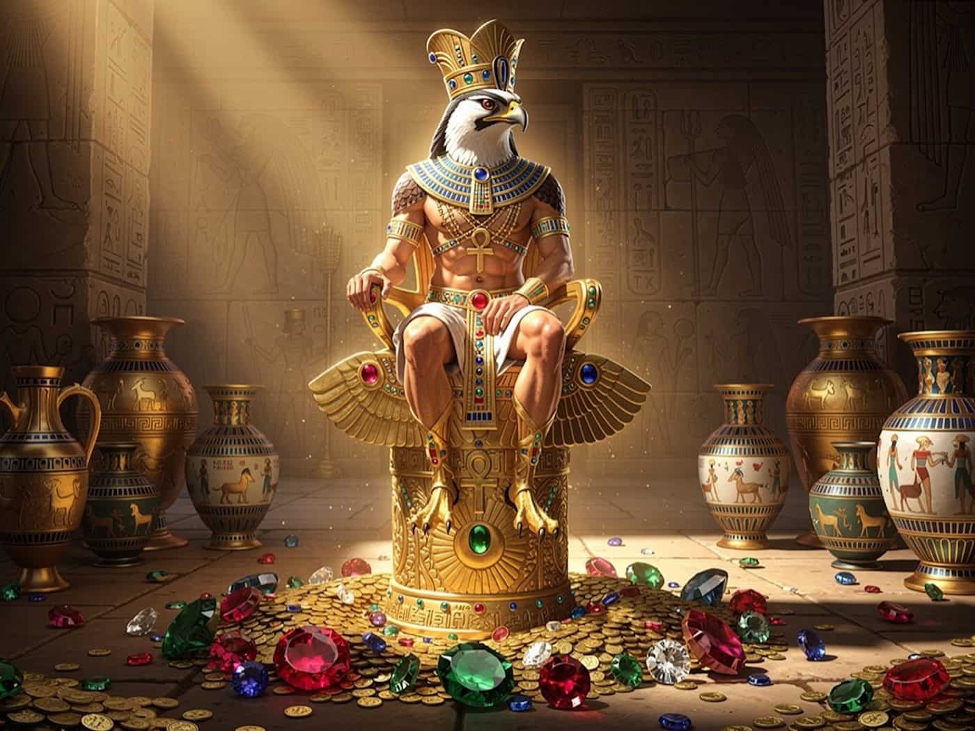 Horus auf goldenem Thron in einem ägyptischen Tempel, umgeben von Schätzen und Edelsteinen