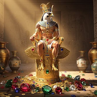 Horus auf goldenem Thron in einem ägyptischen Tempel, umgeben von Schätzen und Edelsteinen