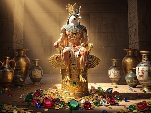 Horus auf goldenem Thron in einem ägyptischen Tempel, umgeben von Schätzen und Edelsteinen
