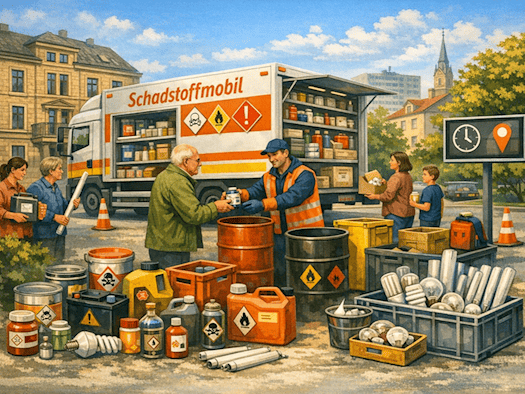 Ein Schadstoffmobil der Stadt Dresden steht auf einem städtischen Parkplatz, umgeben von Bürgerinnen und Bürgern, die gefährliche Abfälle abgeben. Ein Mitarbeiter in Warnweste nimmt Farben, Batterien, Spraydosen und Leuchtstoffröhren entgegen und sortiert sie in gekennzeichnete Behälter. Im Vordergr