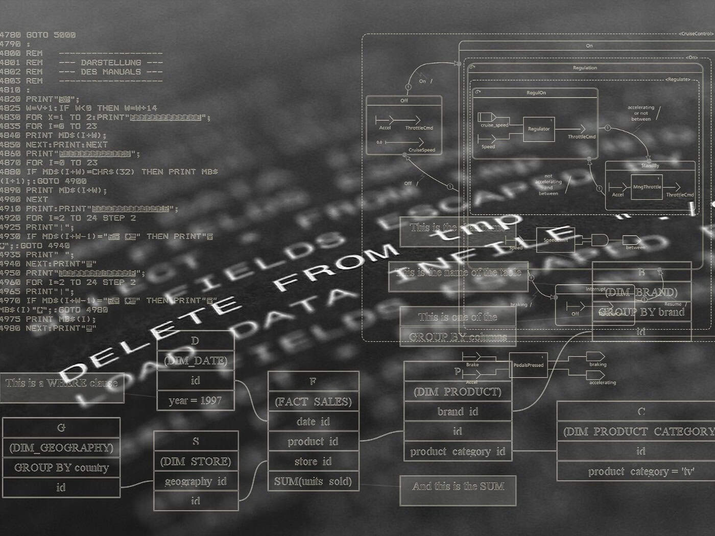 schwarz-weiß Bild mit verschwommener Datenaufstellungs-Grafik