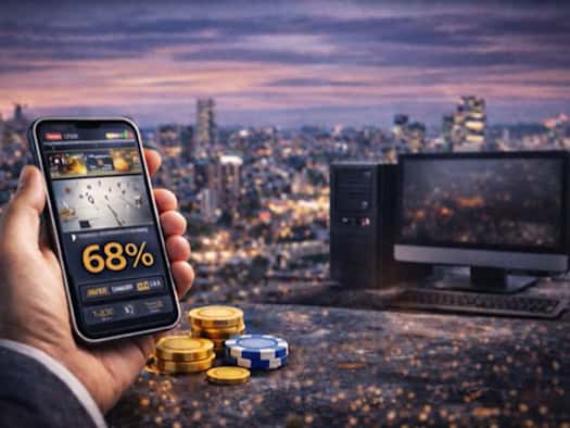 Hand hält Smartphone mit Mobile-Casino-App (68% Gewinnchance), daneben liegen Spielchips und Münzen, im Hintergrund ein Desktop-Computer mit Stadtpanorama.