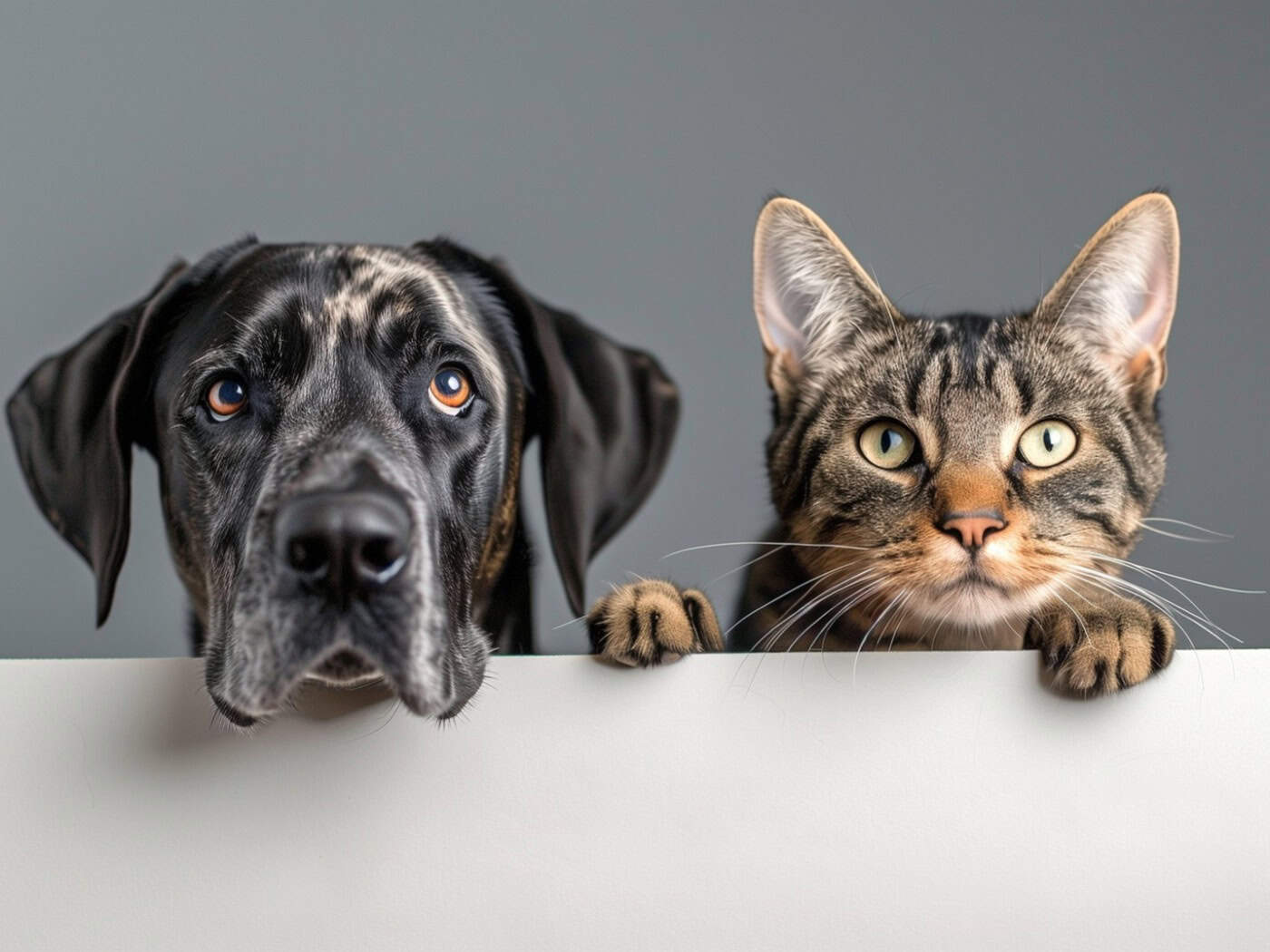 Neugieriger Hund und Katze schauen erwartungsvoll über eine Kante – ideal für artgerechte Barf-Ernährung.