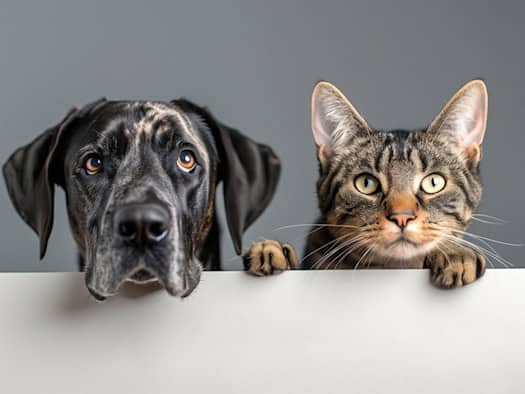 Neugieriger Hund und Katze schauen erwartungsvoll über eine Kante – ideal für artgerechte Barf-Ernährung.