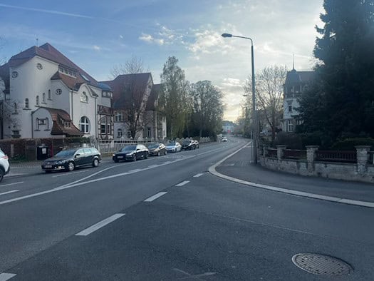 Friedrich-Straße. Zu sehen sind historische Stadtvillen, parkende Autos am Straßenrand und ein breiter, gepflasterter Gehweg unter leicht bewölktem Himmel.