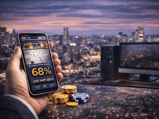 Hand hält Smartphone mit Mobile-Casino-App (68% Gewinnchance), daneben liegen Spielchips und Münzen, im Hintergrund ein Desktop-Computer mit Stadtpanorama.