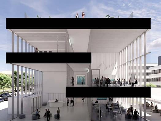 Querschnitt des COLM-Forschungsneubaus mit Eingangshalle und Gebäudeverbinder. Bauherr ist der Staatsbetrieb Sächsisches Immobilien- und Baumanagement. 