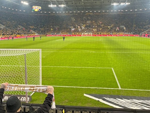 Blick aus der Fanperspektive hinter dem Tor in das vollbesetzte Rudolf-Harbig-Stadion bei einem Abendspiel von Dynamo Dresden. Ein Fan hält einen Vereinsschal hoch, im Hintergrund ist die beleuchtete Tribüne mit zahlreichen gelb-schwarzen Fahnen und Bannern der Ultras zu sehen. Ein Sicherheitsnetz t